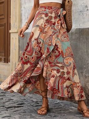 Bohemian Boutique Paisley Wrap Maxi Skirt - Multi-Color Size M NWT